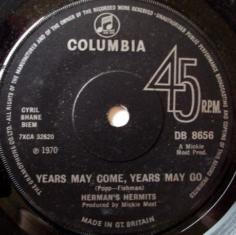 Herman's Hermits : Years May Come, Years May Go  (7", Single, Sol)