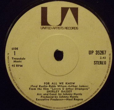 Shirley Bassey : For All We Know (7", Single, Sol)