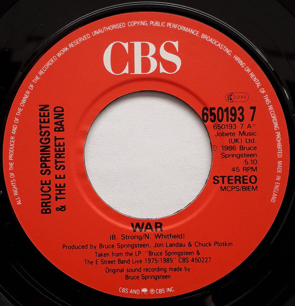 Bruce Springsteen & The E-Street Band : War (7", Single, Jukebox, Lar)