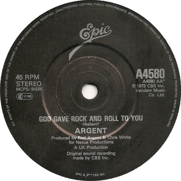Argent : Hold Your Head Up / God Gave Rock And Roll To You (7")