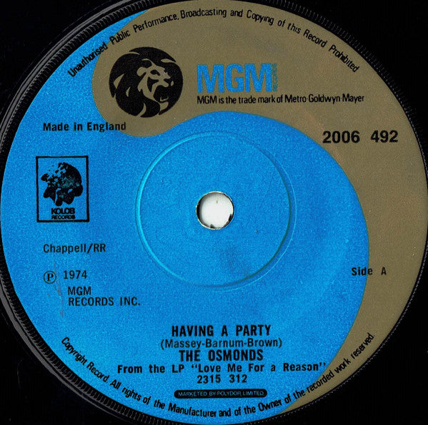 The Osmonds : Having A Party (7", Pap)
