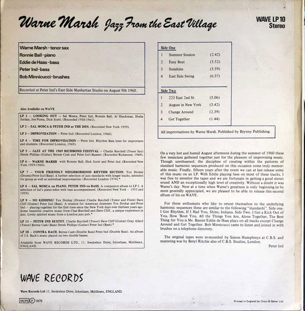 Warne Marsh : Jazz From The East Village (LP, Album)