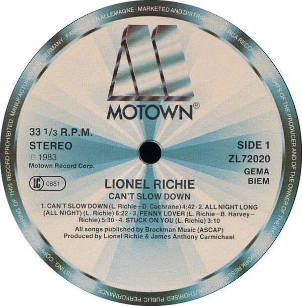 Lionel Richie : Can't Slow Down (LP, Album, RE, Gat)