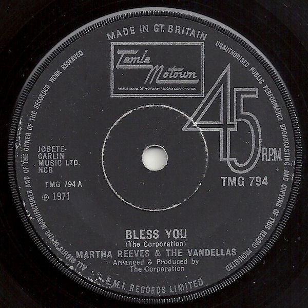 Martha Reeves & The Vandellas : Bless You (7", Single, Sol)