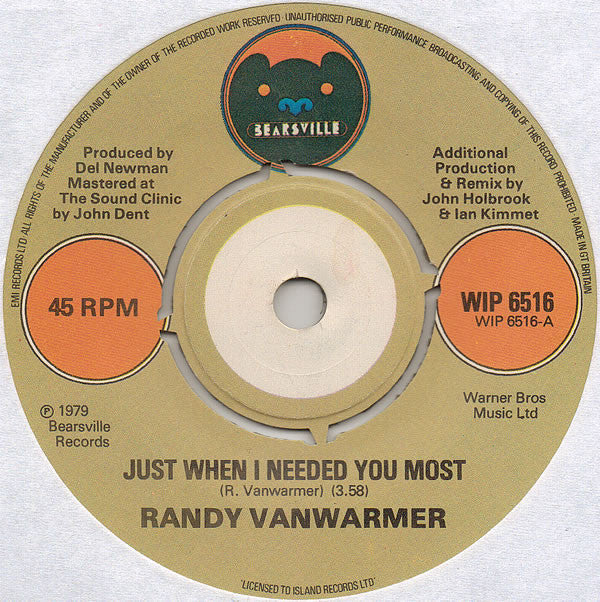 Randy Vanwarmer : Just When I Needed You Most (7", Single)