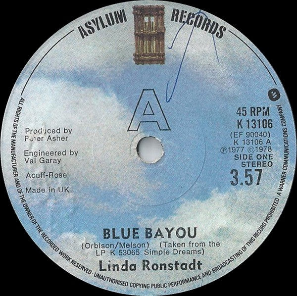 Linda Ronstadt : Blue Bayou (7", Single)