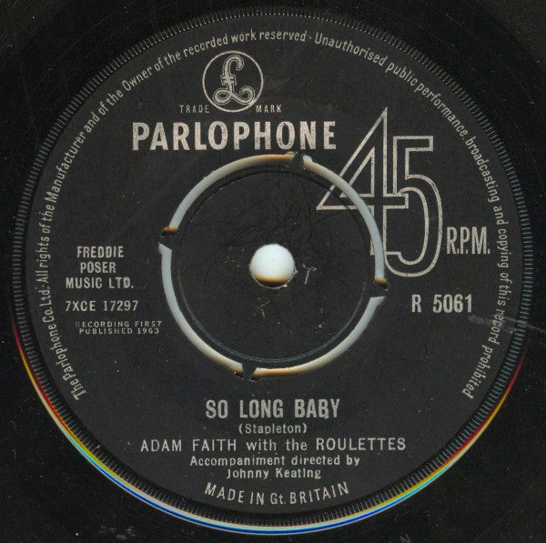 Adam Faith With The Roulettes : So Long Baby (7", Single)