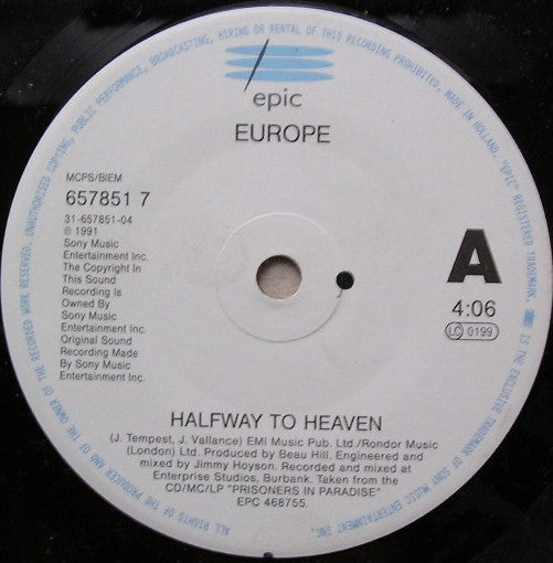 Europe (2) : Halfway To Heaven (7", Single)