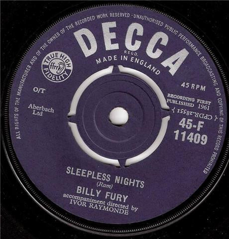 Billy Fury : I'd Never Find Another You / Sleepless Nights (7", Single)
