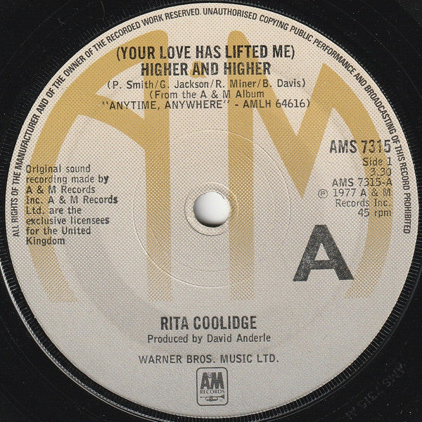Rita Coolidge : (Your Love Has Lifted Me) Higher And Higher / I Don't Want To Talk About It (7", Single)