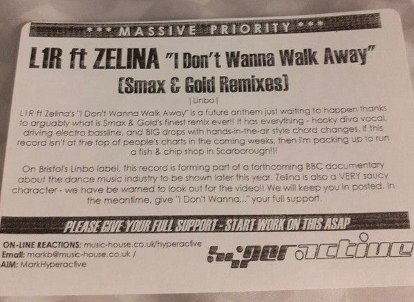 L1R Feat. Zelina : I Don't Wanna Walk Away (CD, Single, Promo)