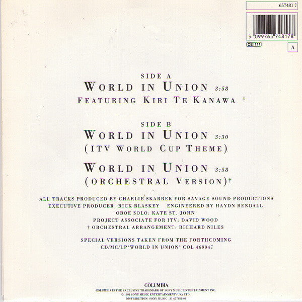 Kiri Te Kanawa : World In Union (7", Single)
