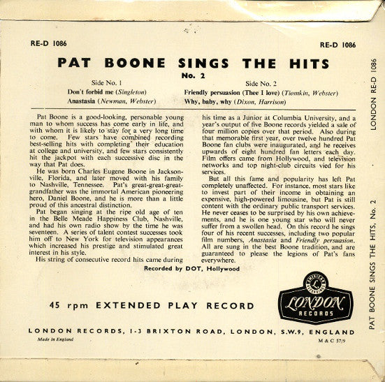 Pat Boone : Sings The Hits Number 2 (7", EP)