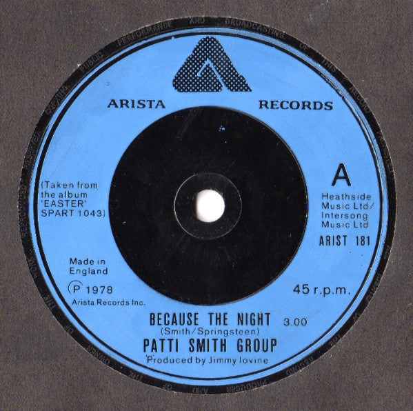 Patti Smith Group : Because The Night (7", Single, Blu)