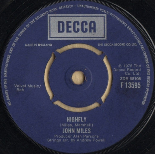 John Miles : Highfly / There's A Man Behind The Guitar (7", Single)
