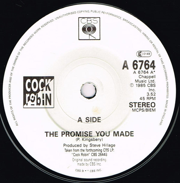 Cock Robin : The Promise You Made (7", Single, EMI)