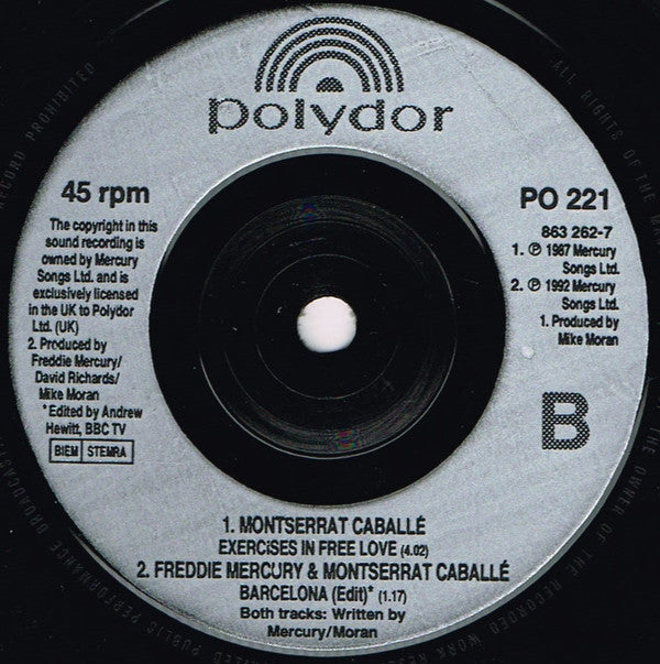 Freddie Mercury & Montserrat Caballé : Barcelona (7", Single, RE)