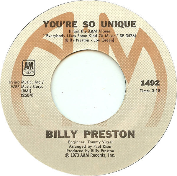 Billy Preston : You're So Unique (7", Styrene, Pit)