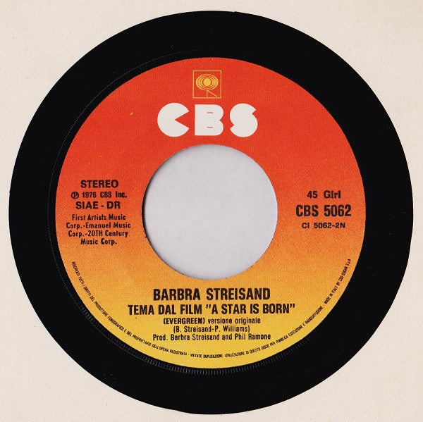 Barbra Streisand : Tema Dal Film "E' Nata Una Stella" (7", Single)