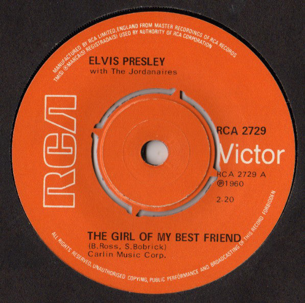 Elvis Presley With The Jordanaires : The Girl Of My Best Friend (7", Single, RE)