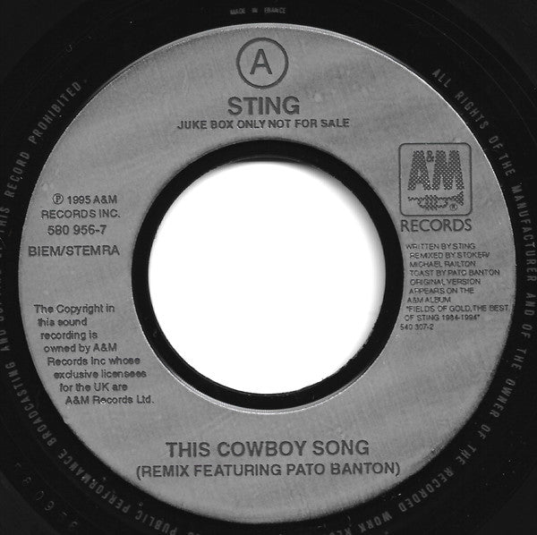 Sting : This Cowboy Song (Remix Featuring Pato Banton) (7", Single, Jukebox)