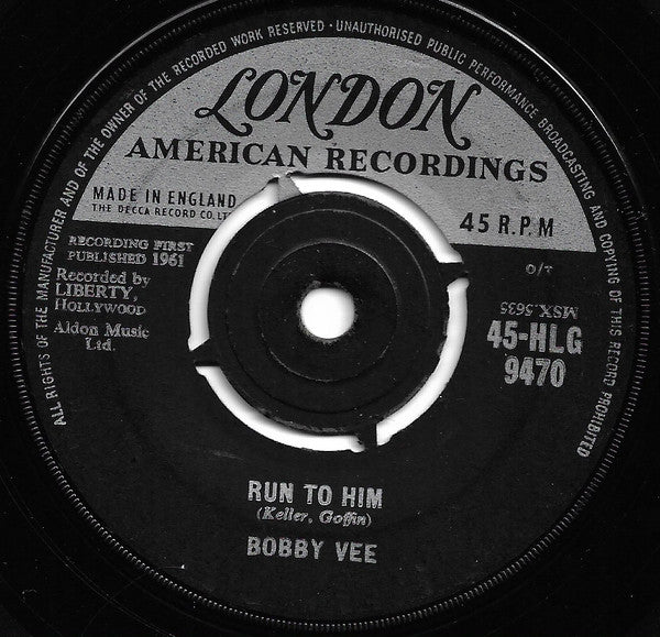 Bobby Vee : Run To Him / Walkin' With My Angel (7", Single)