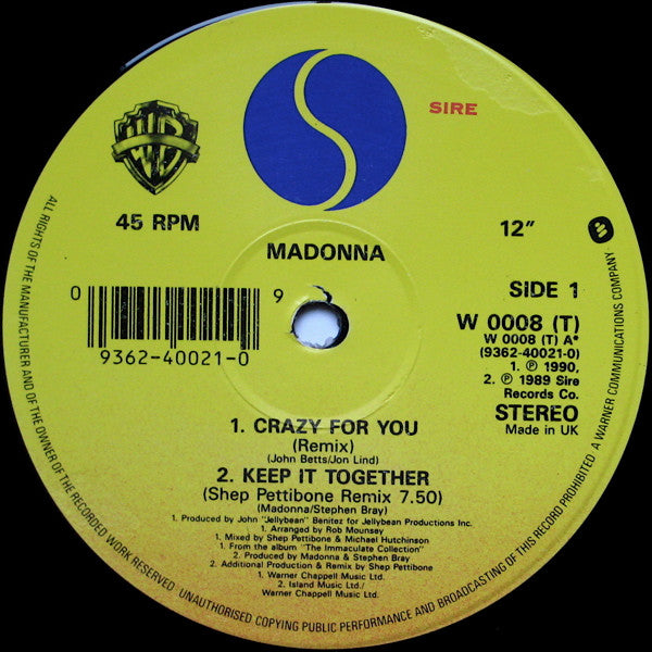 Madonna : Crazy For You (12")
