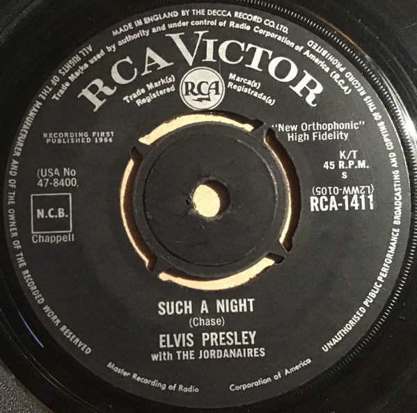 Elvis Presley With The Jordanaires : Such A Night (7", Single)