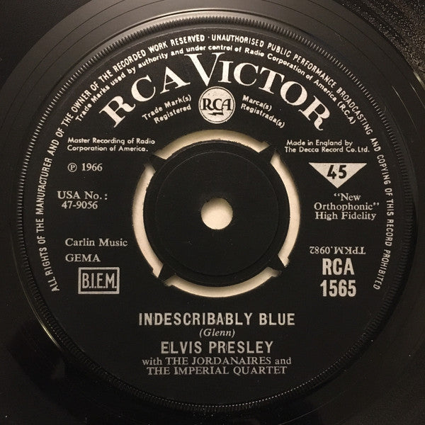 Elvis Presley With The Jordanaires : Indescribably Blue (7", Single)