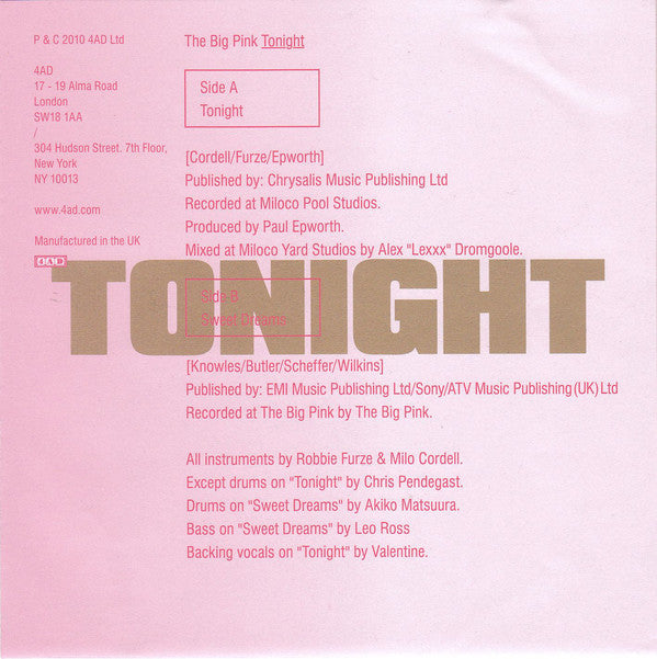 The Big Pink : Tonight (7", Single)