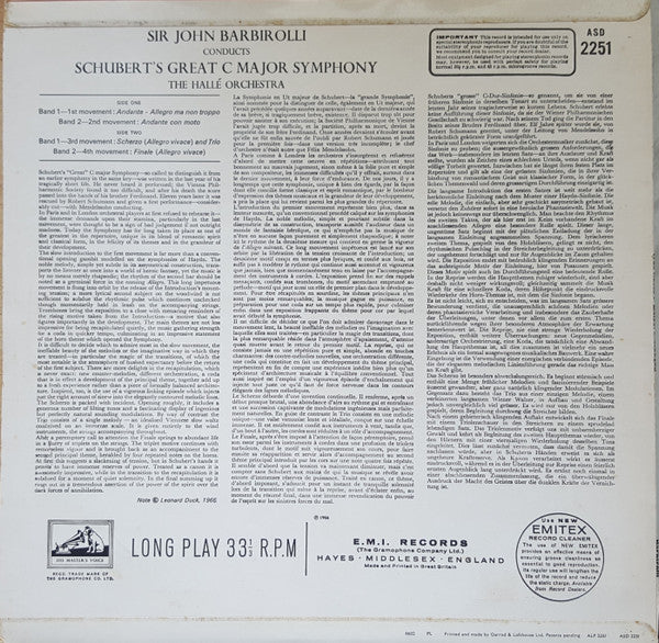Schubert*, Sir John Barbirolli, The Hallé Orchestra* : Symphony No.9 ('The Great C Major') (LP, RP, 3rd)