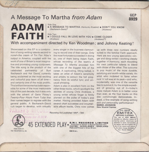 Adam Faith : A Message To Martha From Adam (7", EP)