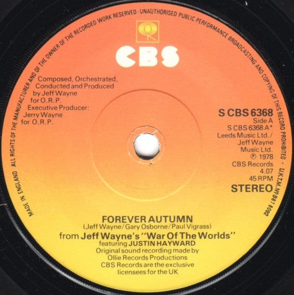 Jeff Wayne Feat. Justin Hayward : Forever Autumn (From "War Of The Worlds") (7", Single)