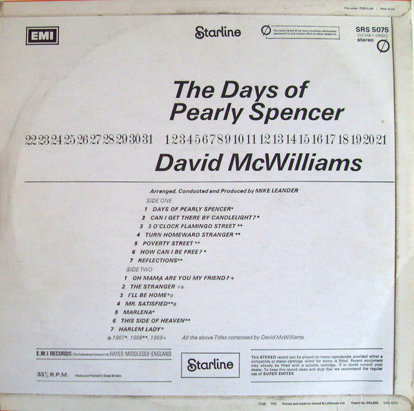 David McWilliams : The Days Of Pearly Spencer (LP, Comp, Fli)