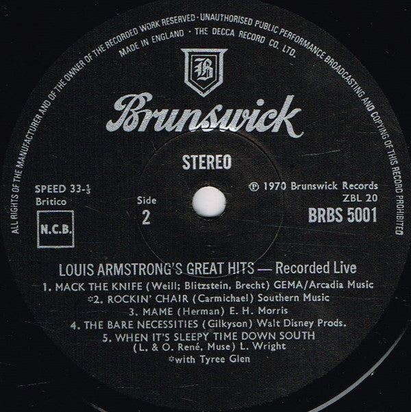 Louis Armstrong : Louis' Great Hits Recorded Live (LP, Album, RE)