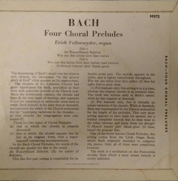 Johann Sebastian Bach - Erich Vollenwyder : Four Choral Preludes (7")
