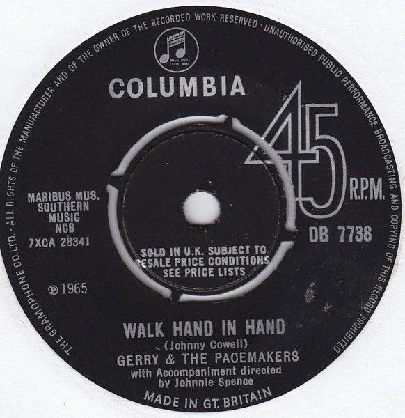 Gerry & The Pacemakers : Walk Hand In Hand (7", Single)
