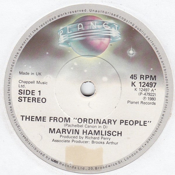 Marvin Hamlisch : Theme From "Ordinary People" (Pachelbel Canon In D) (7", Single)