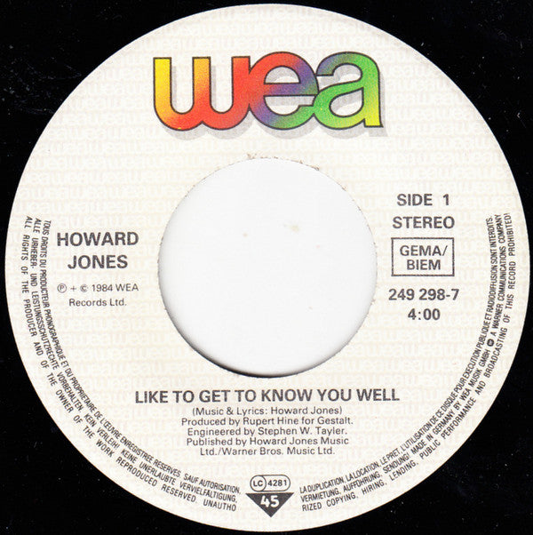 Howard Jones : Like To Get To Know You Well (7", Single)