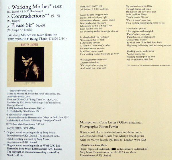 Martyn Joseph : Working Mother (CD, Single)