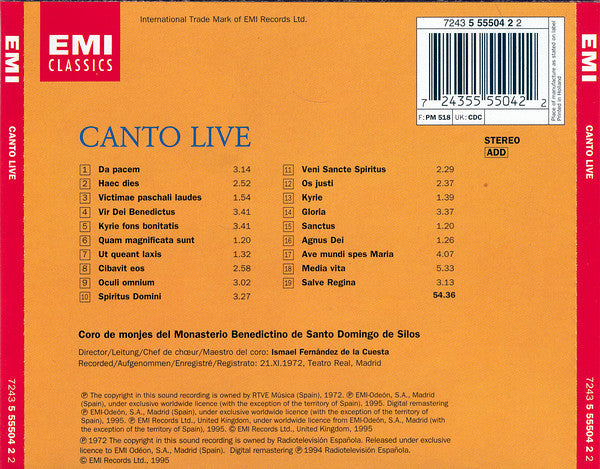 Coro De Monjes Del Monasterio De Santo Domingo De Silos : Canto Live (CD, Album, RM)