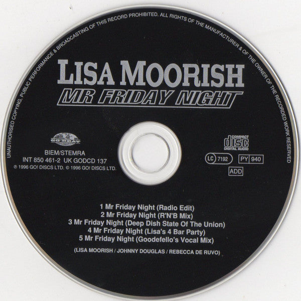 Lisa Moorish : Mr Friday Night (CD, Single)