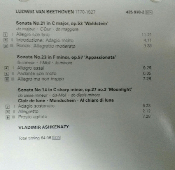 Ludwig van Beethoven, Vladimir Ashkenazy : Moonlight = Mondschein = Clair De Lune · Appassionata · Waldstein (CD, Album)
