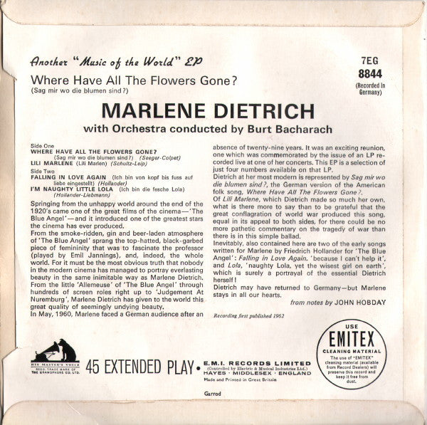 Marlene Dietrich : Marlene Dietrich Returns To Germany (7", EP, Mono)