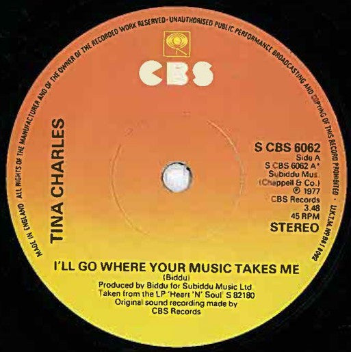 Tina Charles : I'll Go Where Your Music Takes Me (7", Single, Pap)