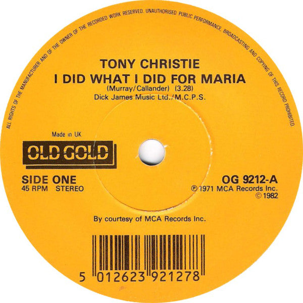 Tony Christie : I Did What I Did For Maria (7", Single)