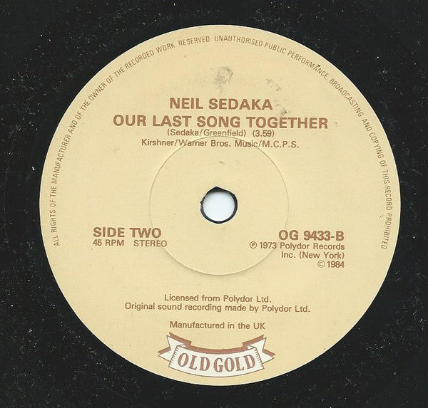 Neil Sedaka : Laughter In The Rain / Our Last Song Together (7", Single)