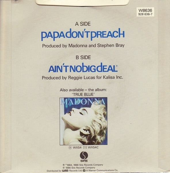 Madonna : Papa Don't Preach (7", Single, Blu)