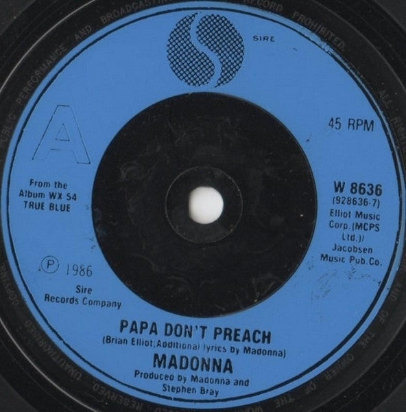 Madonna : Papa Don't Preach (7", Single, Blu)