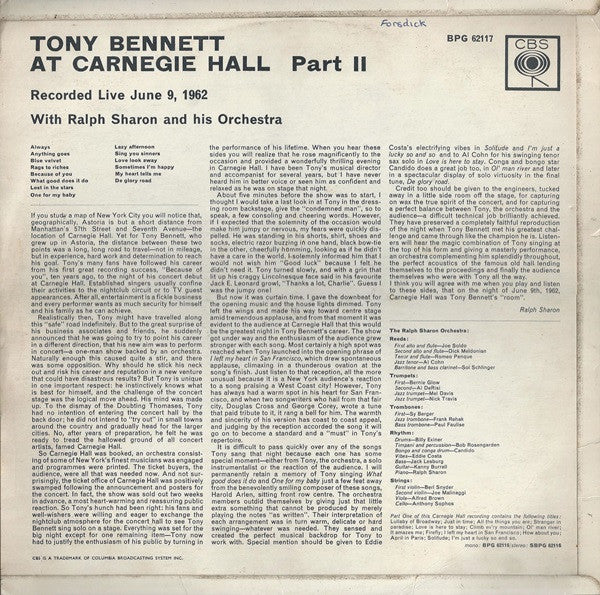Tony Bennett With Ralph Sharon And His Orchestra : At Carnegie Hall Part 2 (LP, Mono)